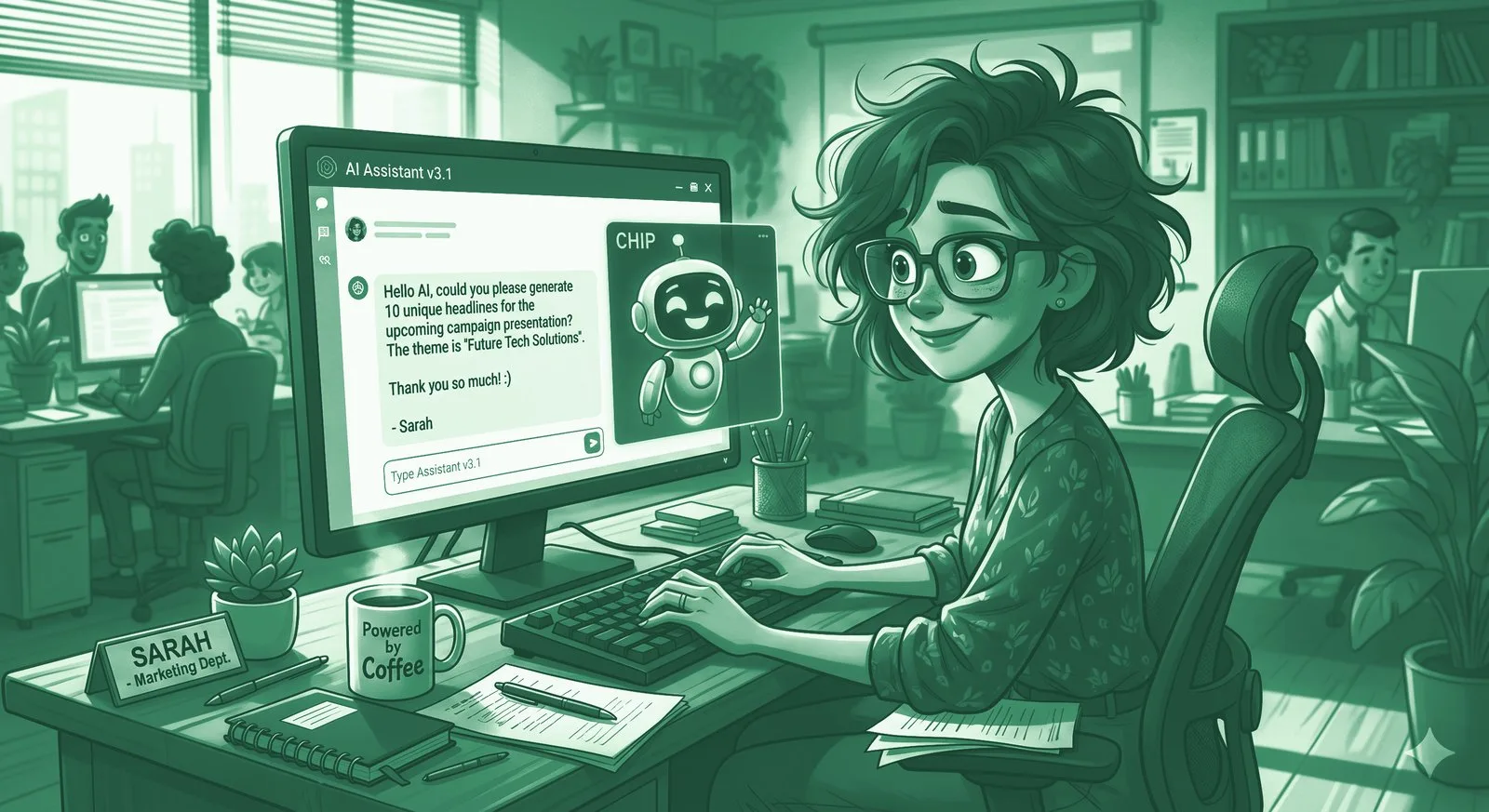 A cheerful office worker, Sarah from Marketing, smiling at her monitor as she types a hyper-polite AI prompt — 'Hello AI, could you please generate 10 unique headlines… Thank you so much! :) - Sarah' — illustrating the British prompt etiquette this article examines.