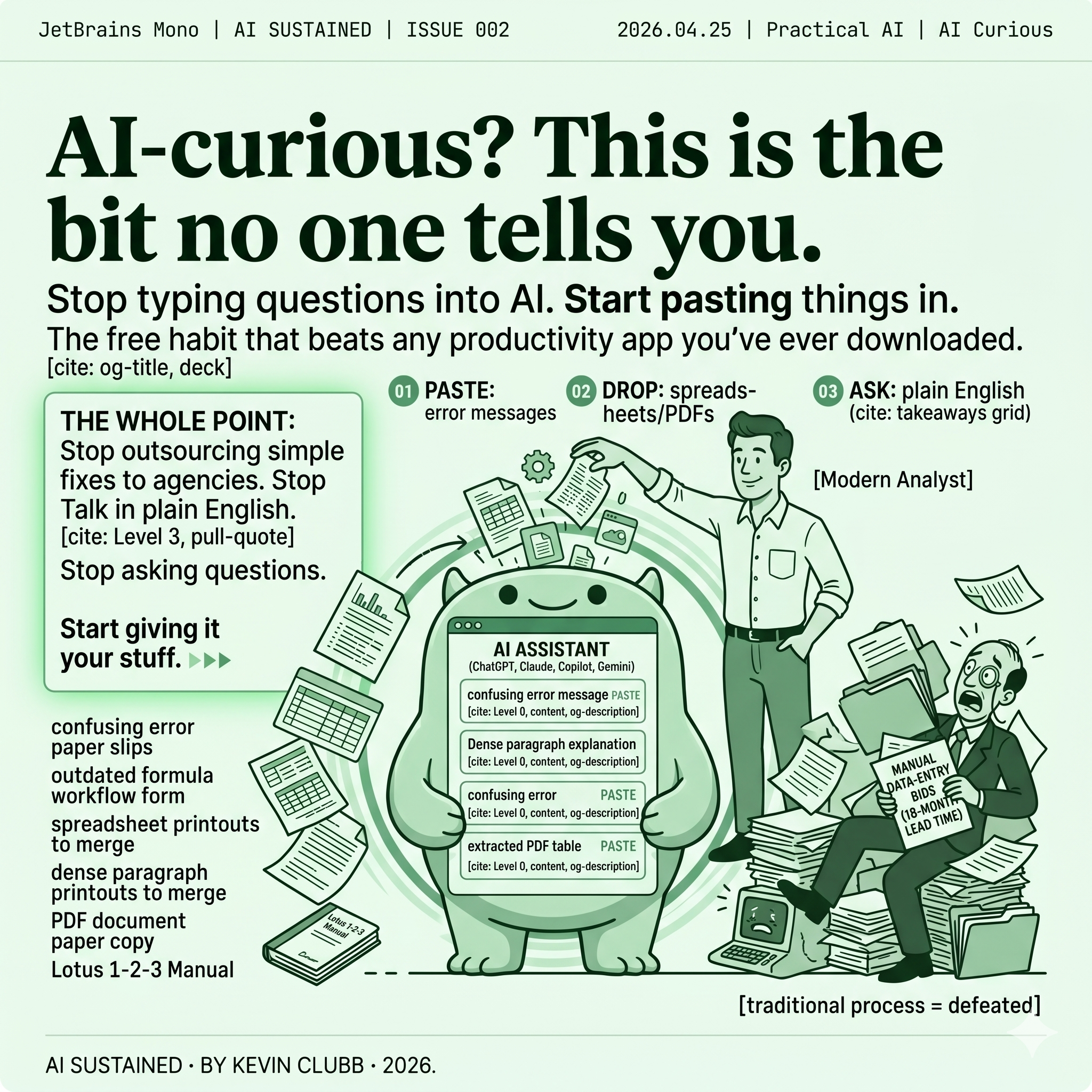 AI-curious? This is the bit no one tells you. Cover image in Clinical Green design.