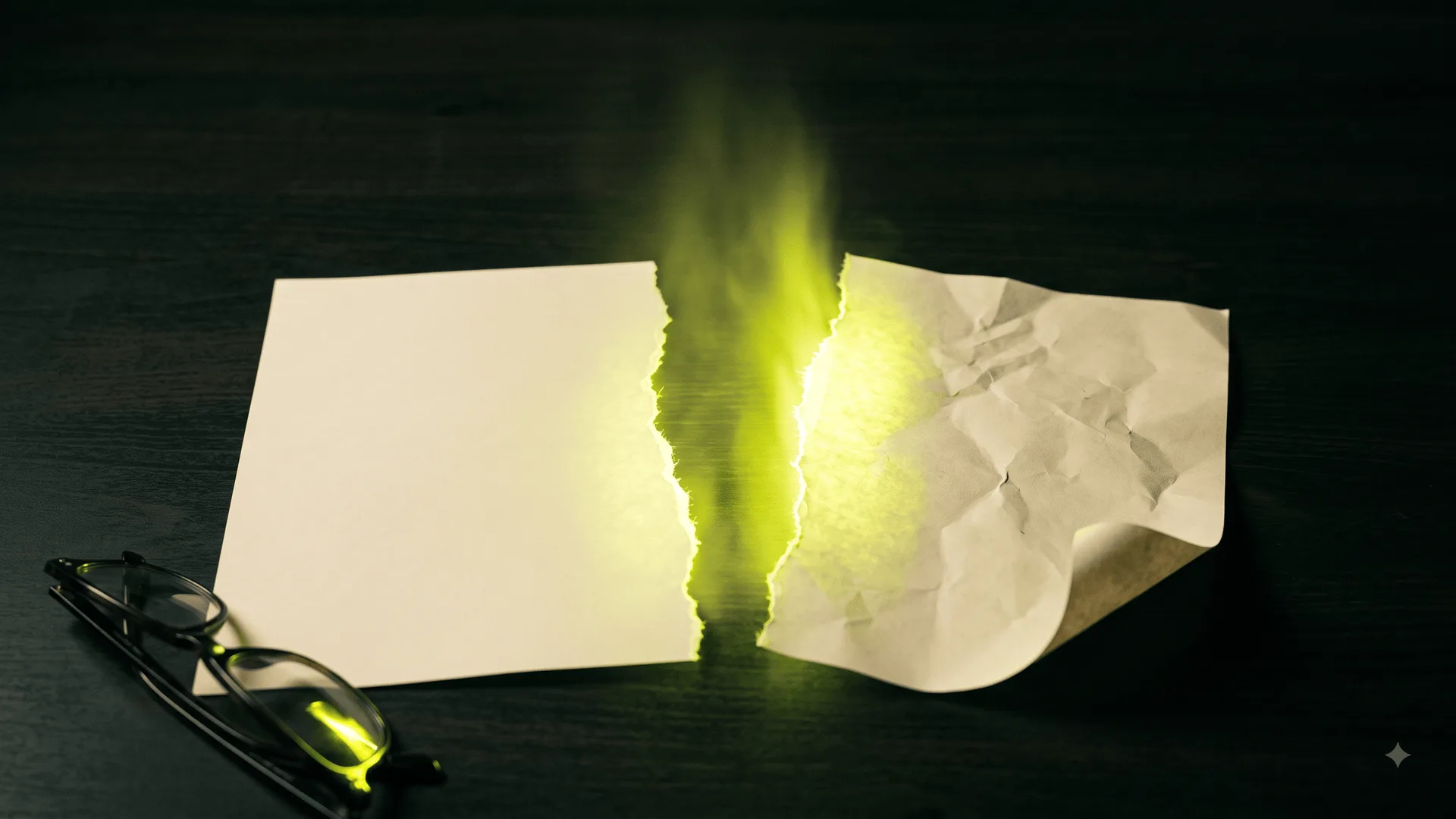 A sheet of cream paper torn in two on a dark desk, the halves pulled apart with acid-green light blooming up from the gap, folded reading glasses resting at the edge.