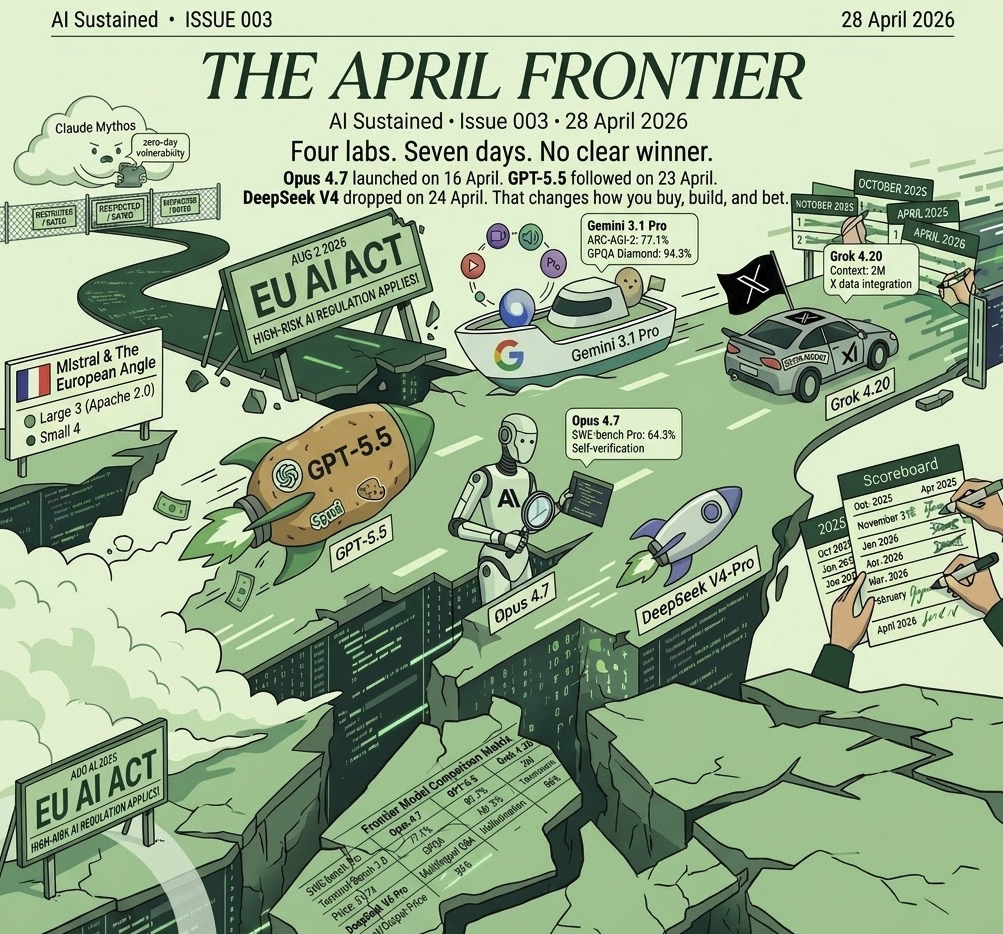 Four labs. Seven days. No clear winner. Cover image showing the April 2026 AI frontier.