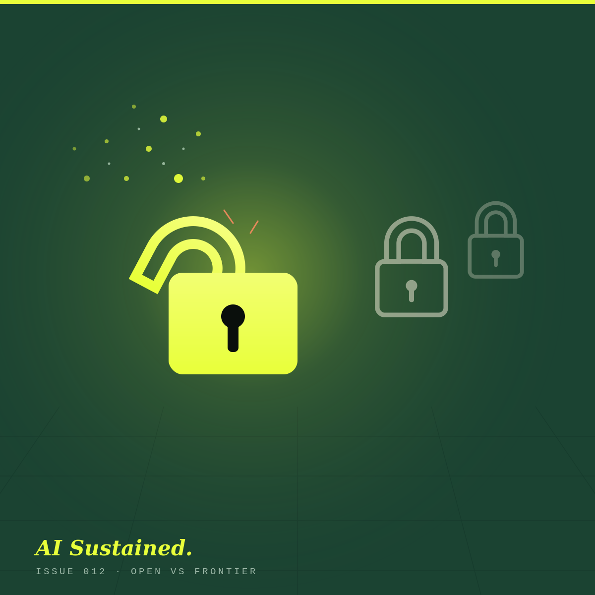 The free one that scared the expensive ones. Cover image: a bright open acid padlock spilling particles of light, beside two dim locked padlocks, for open vs frontier AI models.