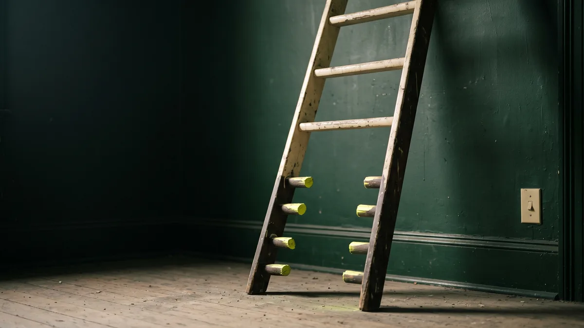 173,568 jobs cut in AI's name. Cover image: a battered wooden ladder leaning against a dark green wall in a bare room, its four lowest rungs sawn out, the raw cut ends showing acid green above the skirting board.