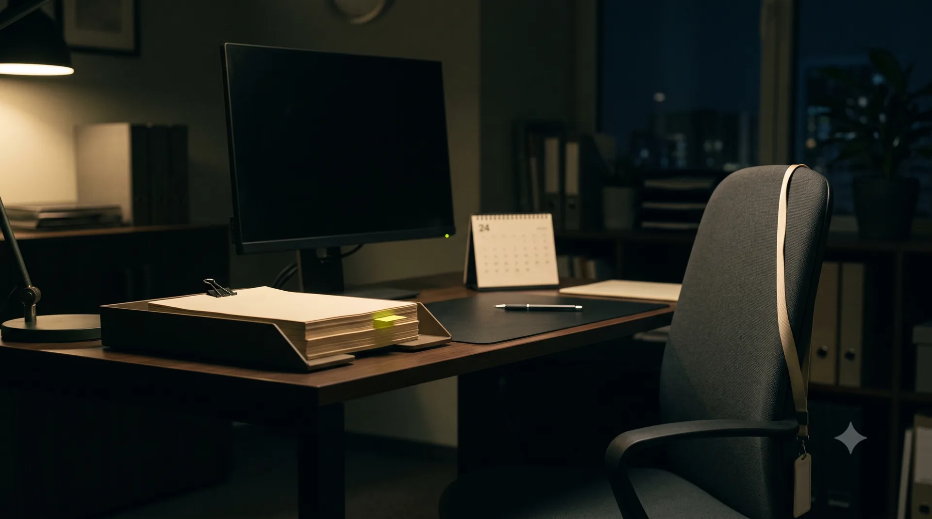 An empty new starter's desk at night, finished paperwork in the out-tray, one standby light glowing.