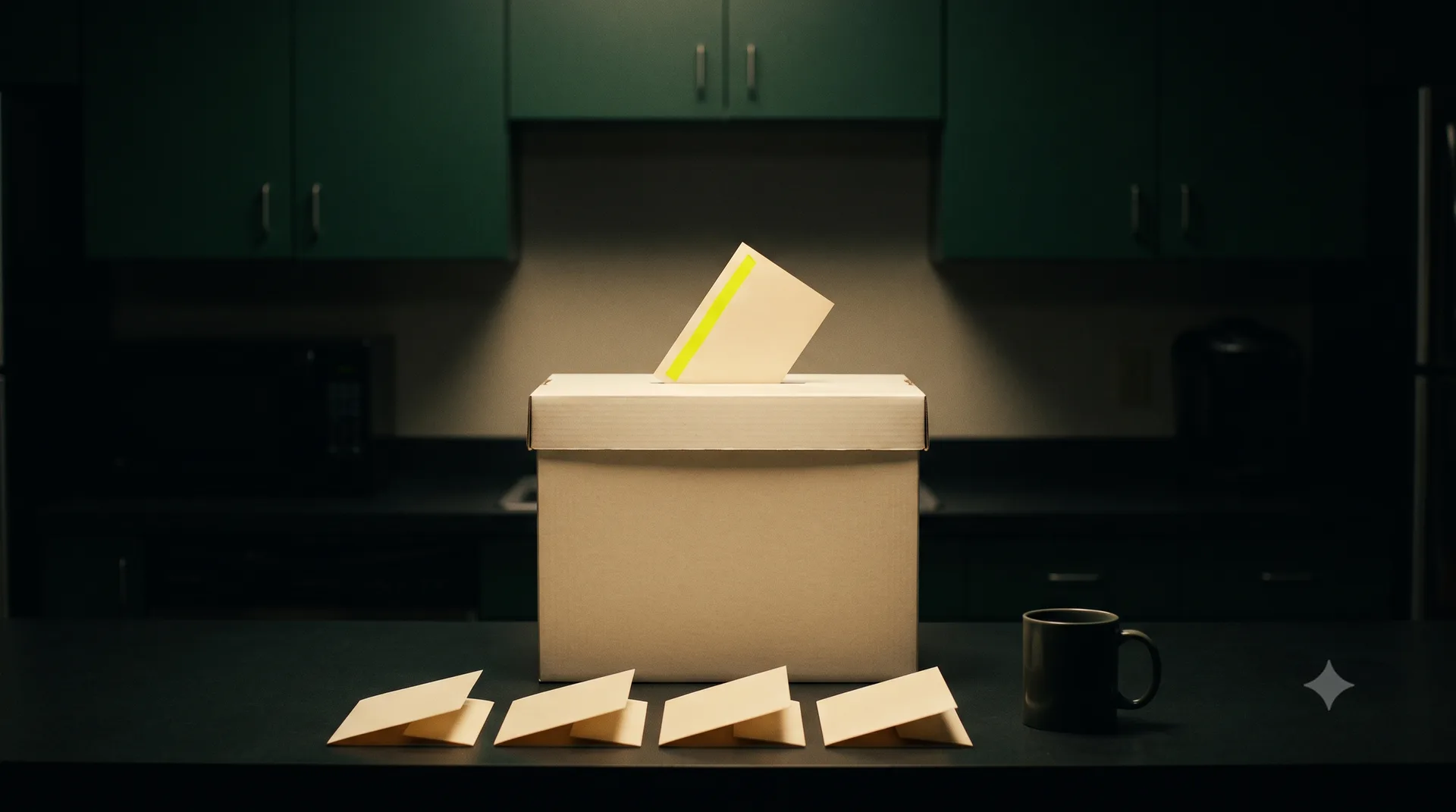 A cream ballot box with one acid-striped card half-posted into the slot.