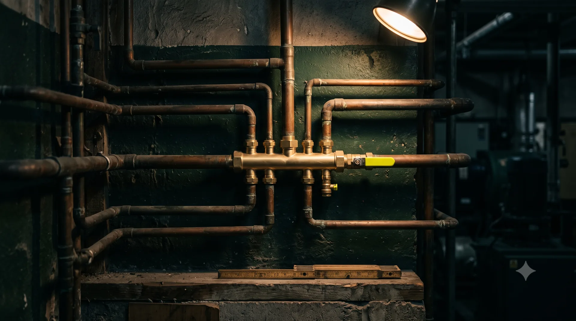Worn mismatched pipes converging into one polished brass manifold with an acid valve handle.