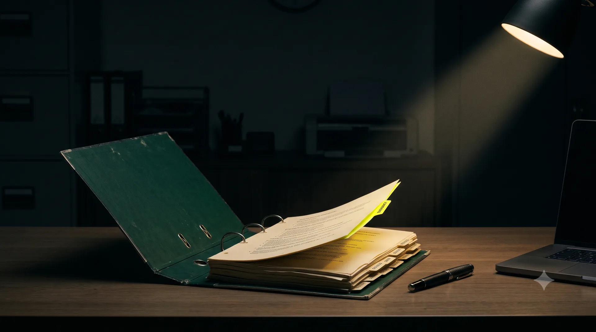 A tabbed binder of written procedures open on a dark desk under a single lamp beam.