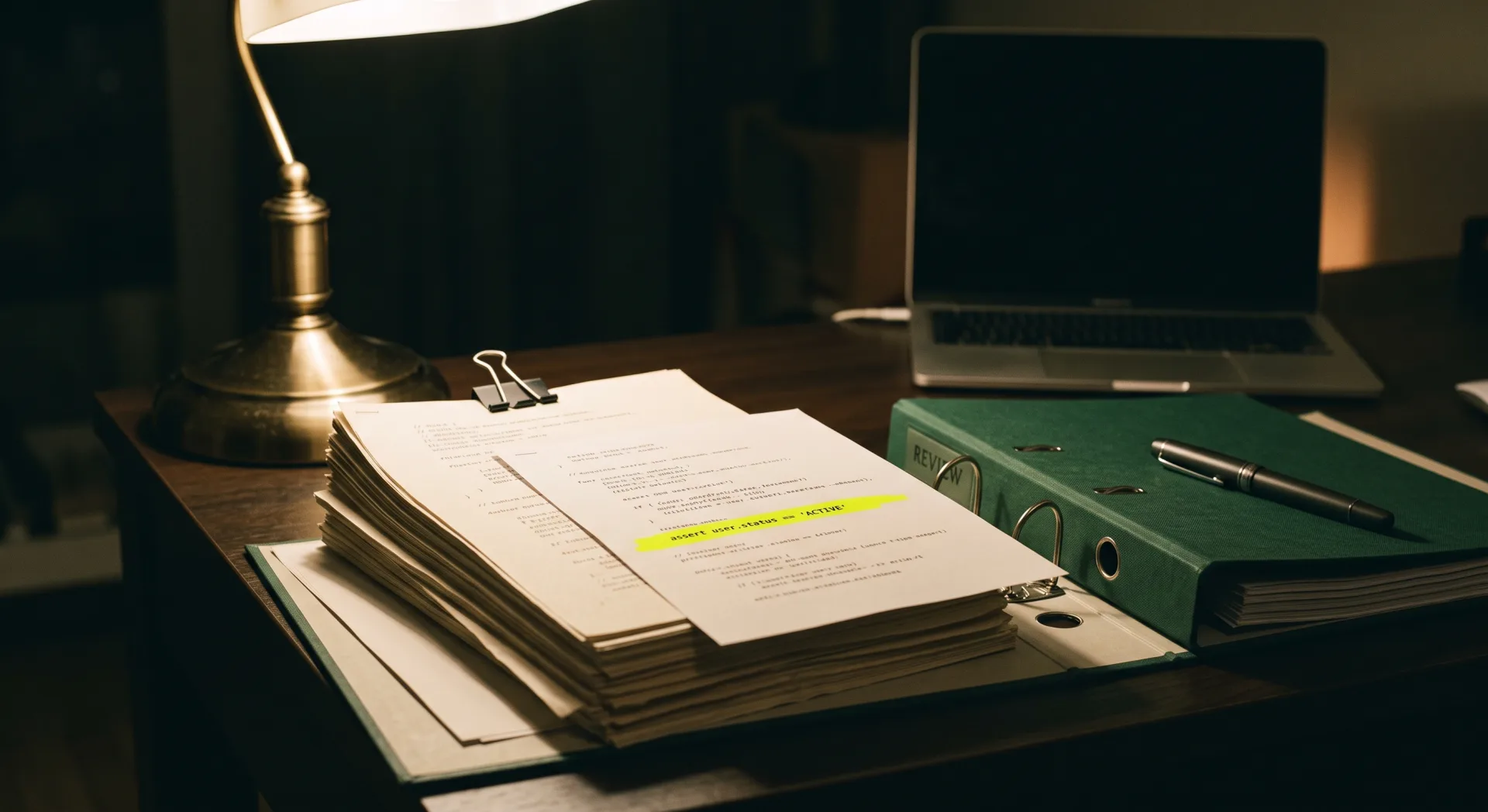 A single desk lamp lighting a stack of printed code, a green ring binder marked Review open beside it, one page pulled out and marked in acid-yellow highlighter.